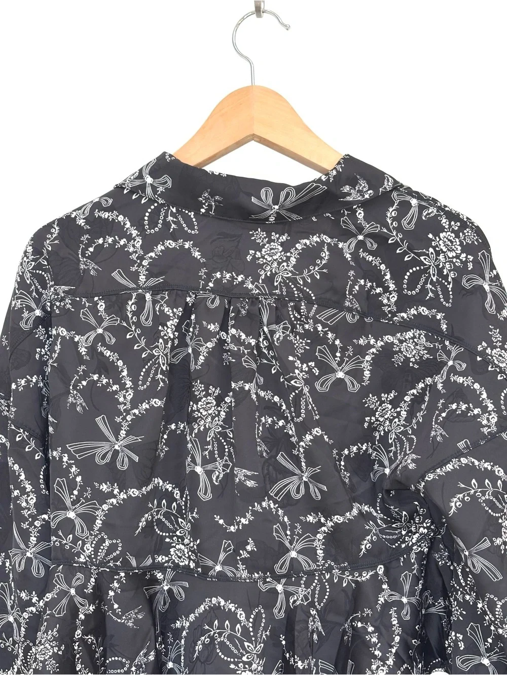 Free People Beauty Sleep Satin Pajama Top Floral Bow Print Black Small New